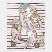 ガールと猫とスクーターの女の子のための毛布 フリースブランケット (正面)