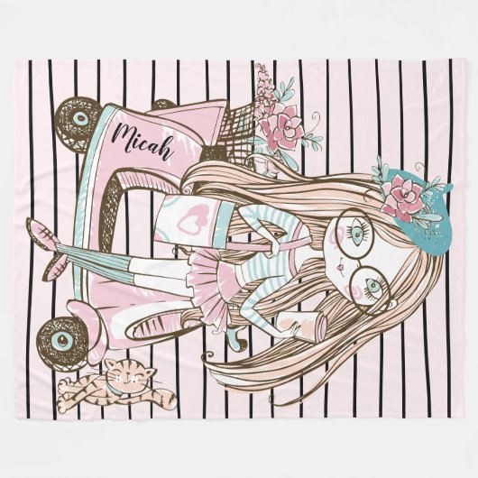 ガールと猫とスクーターの女の子のための毛布 フリースブランケット (正面(横))