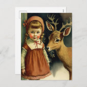 ガールと鹿クリスマス冬のホリデーカード シーズンポストカード (正面/裏面)