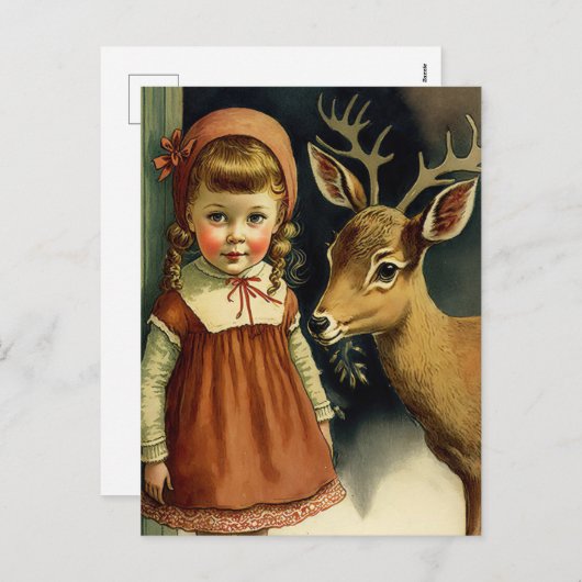 ガールと鹿クリスマス冬のホリデーカード シーズンポストカード (正面/裏面)