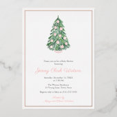 ガールのためのハイエンドのピンクの緑のクリスマスの赤ちゃんシャワー 箔招待状 (正面)