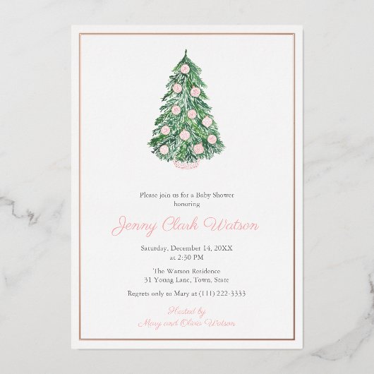 ガールのためのハイエンドのピンクの緑のクリスマスの赤ちゃんシャワー 箔招待状 (正面)