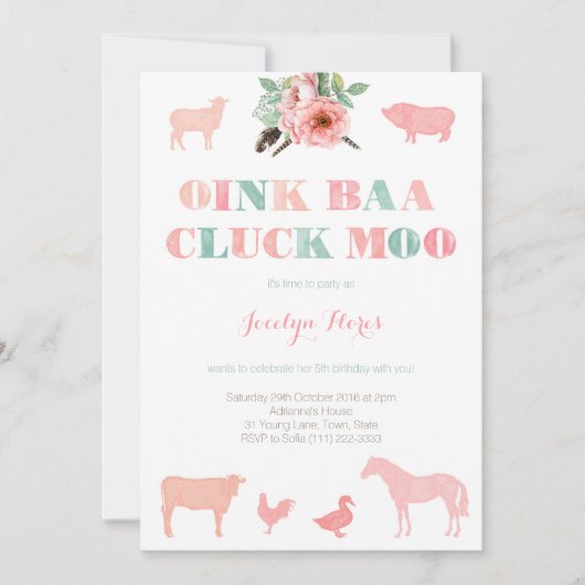 ガールのためのファーム誕生日パーティーOink Baa Cluck モー 招待状 (正面)