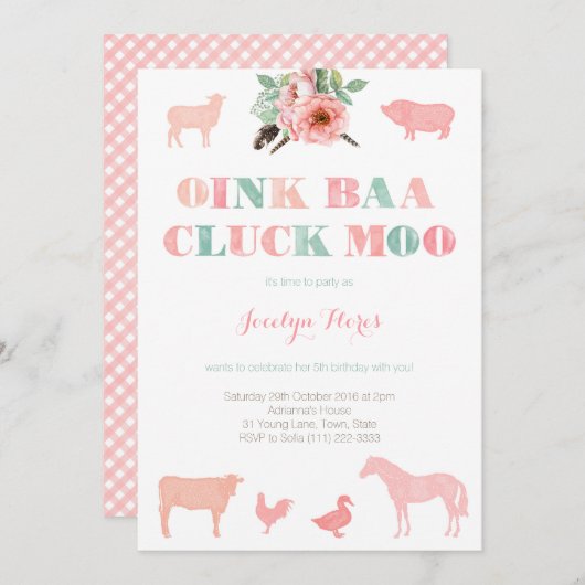 ガールのためのファーム誕生日パーティーOink Baa Cluck モー 招待状 (正面/裏面)