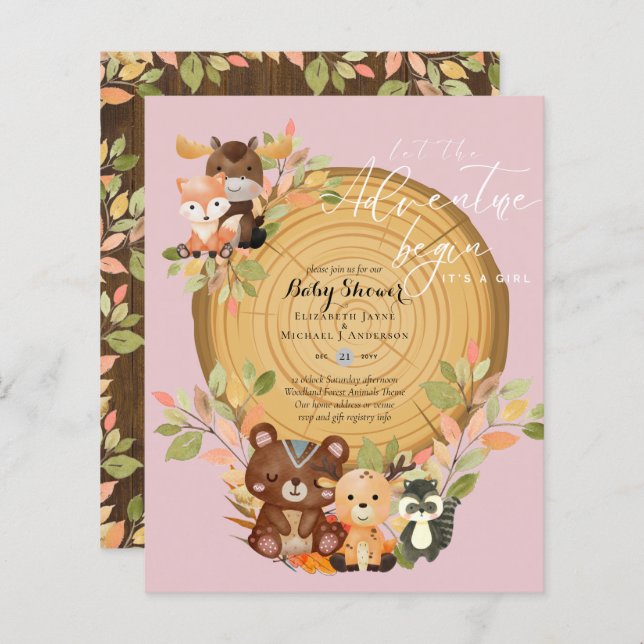 ガールのウッドランド動物の赤ちゃんシャワーを予算にする (正面/裏面)
