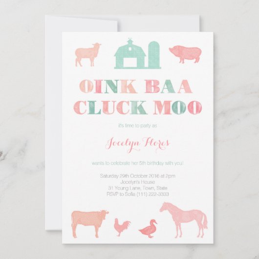 ガールの農場の誕生日パーティーoink back モー 招待状 (正面)