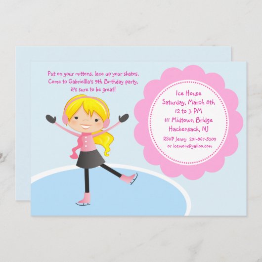 ガールアイススケートで滑るピンク誕生日招待状 招待状 (正面/裏面)