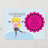 ガールアイススケートで滑るホットピンク誕生日招待状 招待状 (正面/裏面)