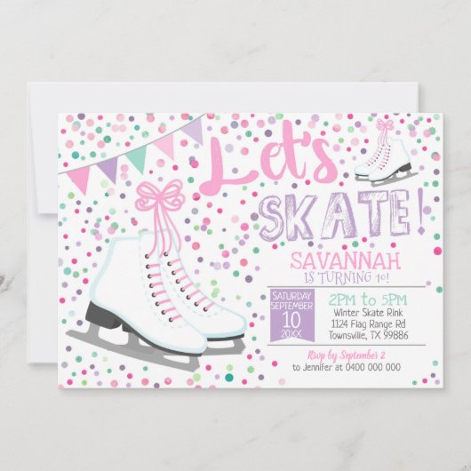 ガールアイススケートで滑る招待状アイススケートで滑るパーティーピンク 招待状 (正面)