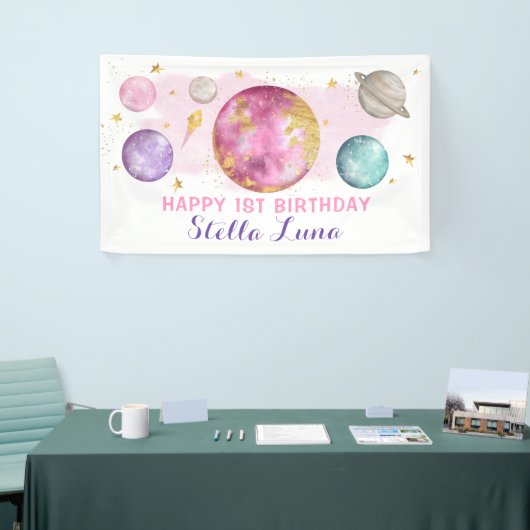ガールアウタースペース銀河系ピンク金ゴールド誕生日パーティー 横断幕 (トレードショー)