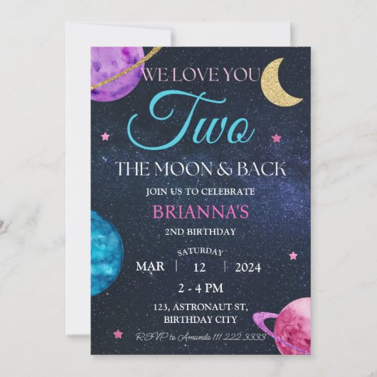 ガールアウタースペース2nd誕生日2月ピンク 招待状 (正面)