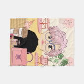 ガールアニメ，コーヒーの場所でメイクアップを使用 フリースブランケット (正面(横))