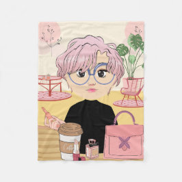 ガールアニメ，コーヒーの場所でメイクアップを使用 フリースブランケット