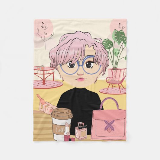 ガールアニメ，コーヒーの場所でメイクアップを使用 フリースブランケット (正面)