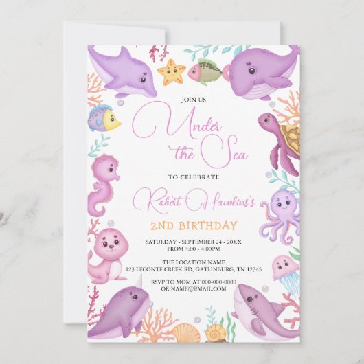 ガールアンダーザシーアニマルズ海誕生日 招待状 (正面)