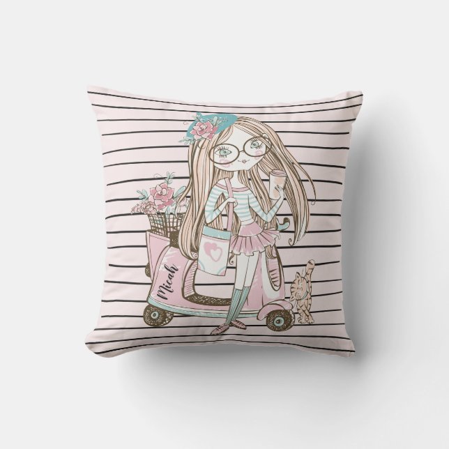ガールアンドキャットスクーターストライプ名前をカスタムする アウトドアクッション (正面)