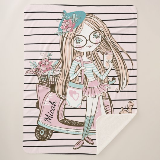 ガールアンドキャットスクーターストライプ名前をカスタムする シェルパブランケット (正面)