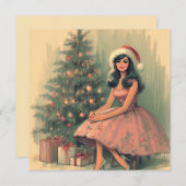 ガールアンドクリスマスツリーヴィンテージレトロイラストレーション シーズンカード (正面/裏面)