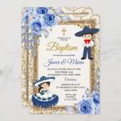 ガールアンドボーイネイビーブルーバプテスマ招待状 招待状 (正面/裏面)