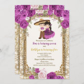 ガールアンドボーイパープル&金ゴールド誕生日招待状 招待状 (正面/裏面)
