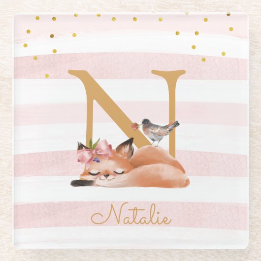 ガールイラストレーション金ゴールドグリッターピンクフローラスウィート ガラスコースター (正面)