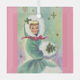 ガールインウィンターコートレトロピンクアンドブルーオーナメント ガラスオーナメント