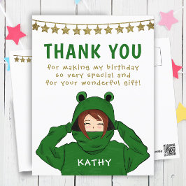 ガールイングリーンカエルフード付スター誕生日サンキュー ポストカード