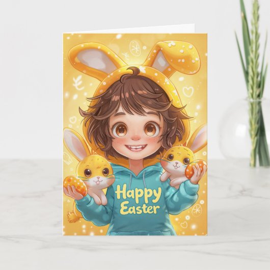 ガールインバニーイヤーフード付きスウェットシャツイースターカード カード (正面)