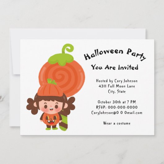 ガールインパンプキンコスチューム棒つきキャンデーハローウィンパーティ 招待状 (正面)