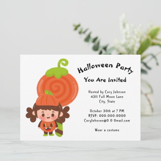 ガールインパンプキンコスチューム棒つきキャンデーハローウィンパーティ 招待状 (スタンド正面)