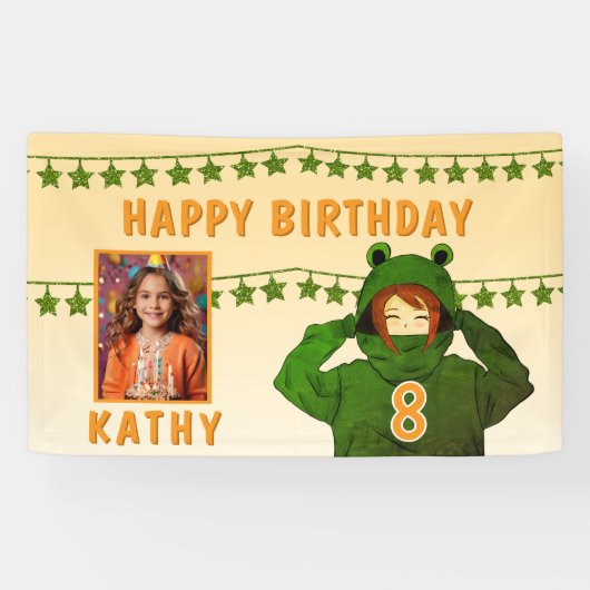 ガールインフロッグフード付きスウェットシャツスターズフォト誕生日背景 横断幕 (横)