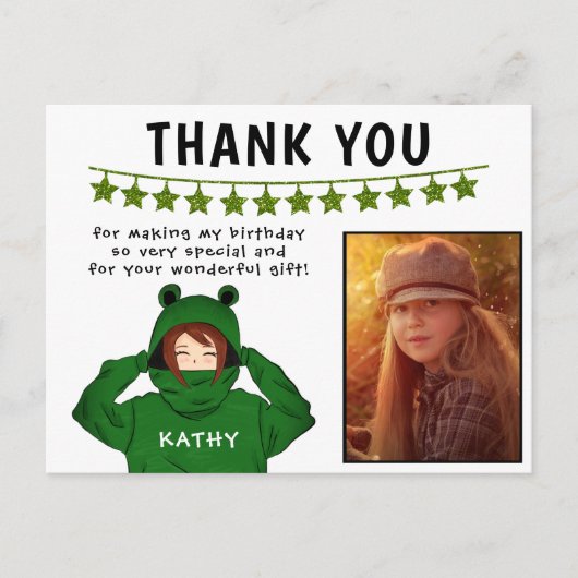 ガールインフロッグフード付スターズフォト誕生日ありがとう ポストカード (正面)