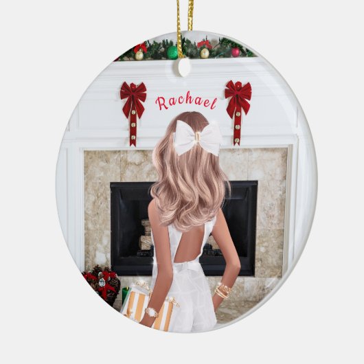 ガールインホワイトパーソナライズされたカスタム セラミックオーナメント (左)
