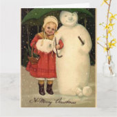 ガールインレッドジャケットと雪だるまホリディポストカード カード (黄色い花)