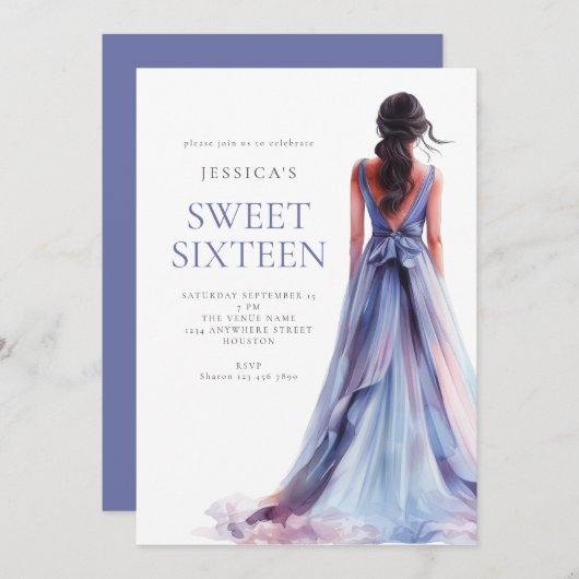 ガールイン薄紫ドレススウィート16バースデーパーティー 招待状 (正面/裏面)