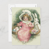 ガールイースターバスケットバニー色の卵 シーズンポストカード (正面/裏面)