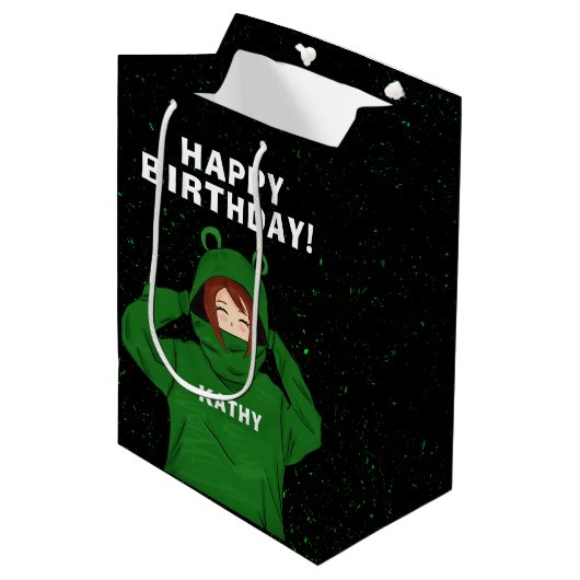 ガールウィズグリーンフロッグフード付スケッチ誕生日 ミディアムペーパーバッグ (正面アングル)