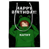 ガールウィズグリーンフロッグフード付スケッチ誕生日 ミディアムペーパーバッグ (正面)
