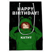 ガールウィズグリーンフロッグフード付スケッチ誕生日 ミディアムペーパーバッグ (裏面)