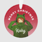ガールウィンググリーンカエルフード付きスウェットシャツスケッチクリスマス オーナメント (正面)