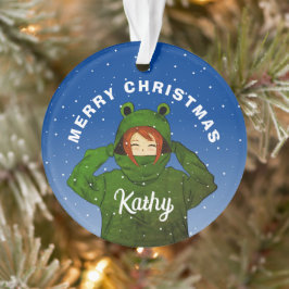 ガールウィンググリーンカエルフード付きスウェットシャツスケッチクリスマス オーナメント