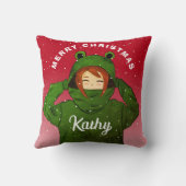 ガールウィンググリーンカエルフード付きスウェットシャツスケッチクリスマス クッション (裏面)