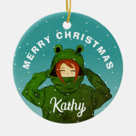 ガールウィンググリーンカエルフード付きスウェットシャツスケッチクリスマス セラミックオーナメント