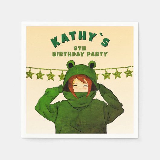 ガールウィンググリーンカエルフード付きスウェットシャツスケッチ誕生日 スタンダードカクテルナプキン (正面)