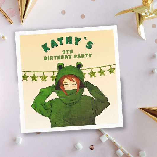 ガールウィンググリーンカエルフード付きスウェットシャツスケッチ誕生日 スタンダードカクテルナプキン