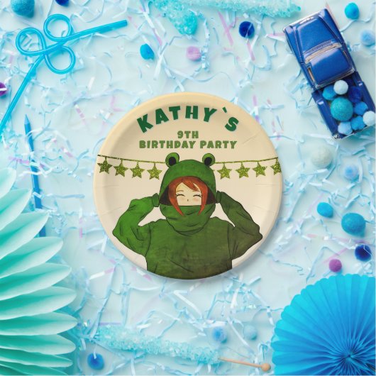 ガールウィンググリーンカエルフード付きスウェットシャツスケッチ誕生日 ペーパープレート (パーティー)