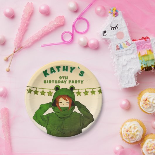 ガールウィンググリーンカエルフード付きスウェットシャツスケッチ誕生日 ペーパープレート (パーティー)