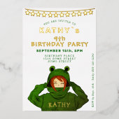 ガールウィンググリーンカエルフード付きスウェットシャツスターズ誕生日 箔招待状 (正面)