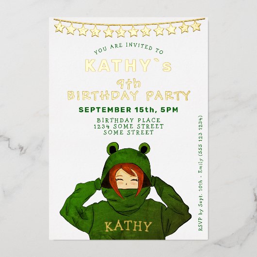 ガールウィンググリーンカエルフード付きスウェットシャツスターズ誕生日 箔招待状 (正面)
