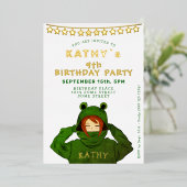 ガールウィンググリーンカエルフード付きスウェットシャツスターズ誕生日 箔招待状 (立ち正面)